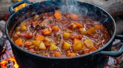 A pot of hearty vegetable stew simmers over an open fire as the chefs improvise with whatever ingredients they have on hand.