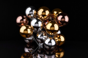 A cluster of metallic balloons in gold, silver, and rose gold, casting soft reflections on a sleek black background.