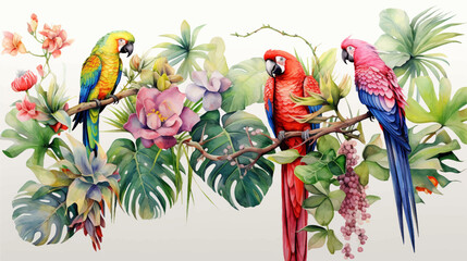 Tropical exotic pattern with parrots and colorful flowers with isolated white background
