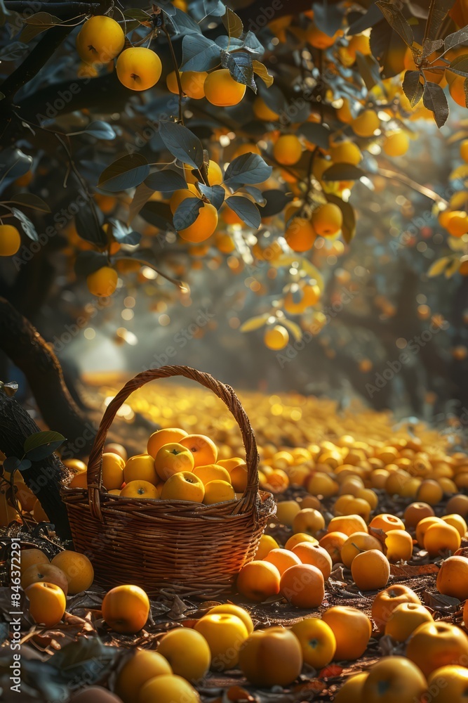 Wall mural orchard with yellow apples, a basket with large apples stands under a tree, sunlight passes through 