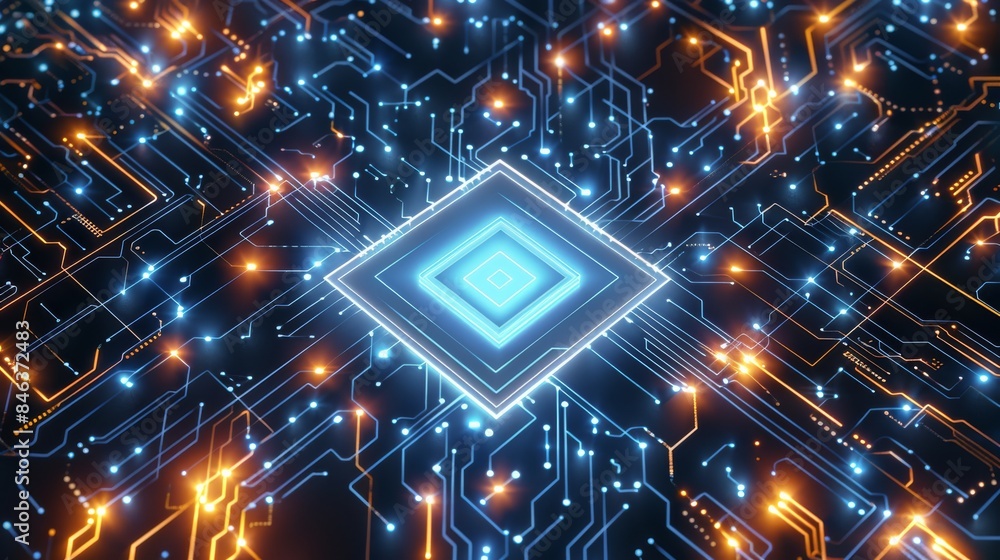 Aufkleber Blue background, circuit board pattern with glowing neon lines forming the shape of an isometric square in the center of the composition, futuristic and high-tech style. Generative AI.
