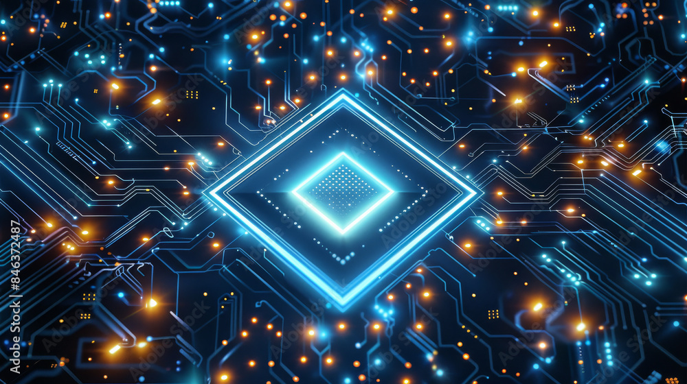 Fototapete blue background, circuit board pattern with glowing neon lines forming the shape of an isometric squ