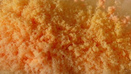 A close-up reveals clusters of mold on bread, showcasing a gradient of orange and yellow hues, signifying various growth stages. Its fuzzy texture epitomizes a thriving fungal colony. Mold background.