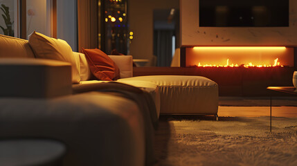 A sleek living room featuring a modern sofa and a cozy fire, captured in HD