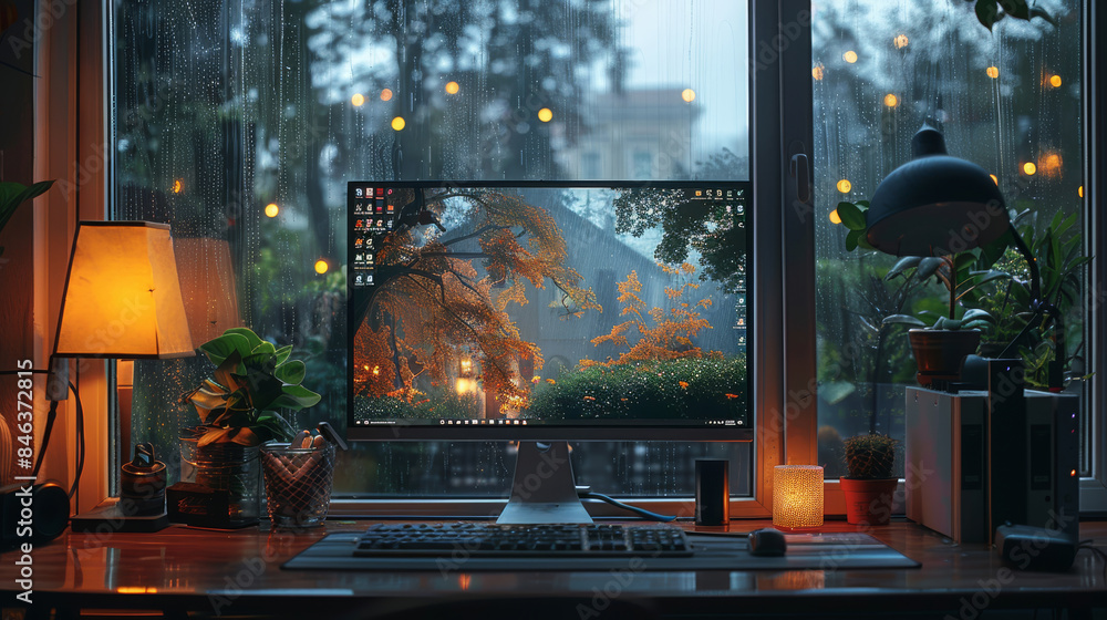 Poster Cozy view from window raining outside behind monitor next to the monitor on the right side is a laptop stand. Generative AI.
