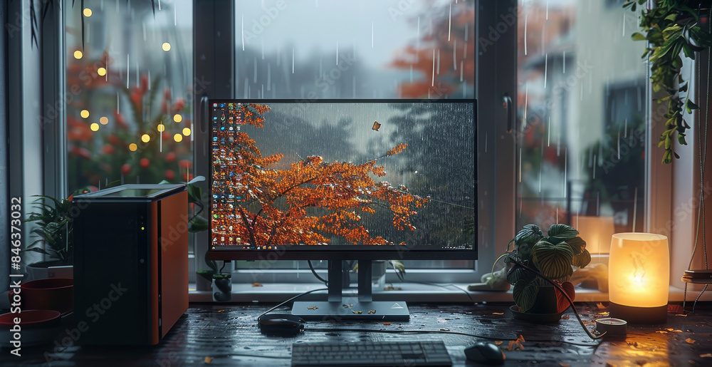 Poster Cozy view from window raining outside behind monitor next to the monitor on the right side is a laptop stand. Generative AI.