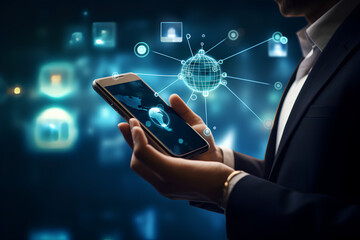 Mobile banking network, online payment, digital marketing. Business people using mobile phone with credit card and icon network connection on dark blue virtual screen background, business technology