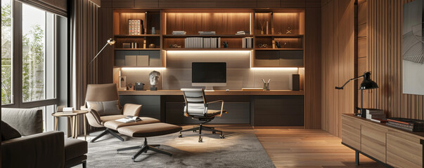 Modern home office with large window, desk, and comfortable chair.