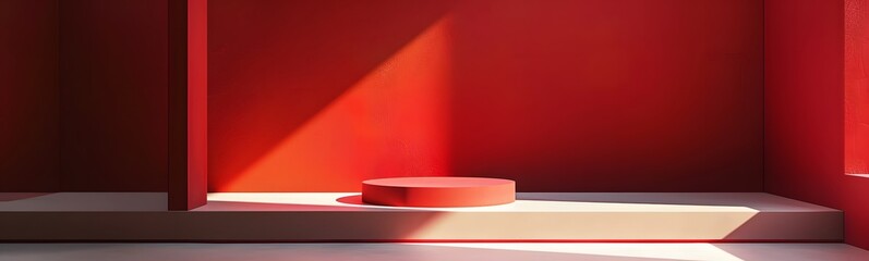 Obraz premium Pedestal of platform display with modern stand podium on red room background. Blank Exhibition stage backdrop or empty product shelf. 3D rendering