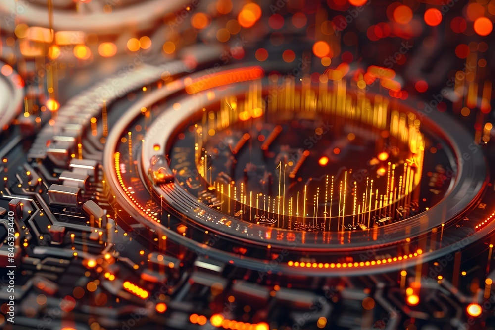 Poster intricate market purchase cycle graph on computer screen with surreal gold and red tones