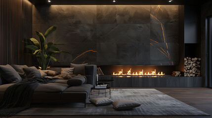 A sleek living room with a contemporary sofa and a beautiful fire, creating a cozy atmosphere, captured in high definition