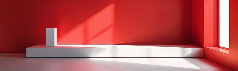 Obraz premium Pedestal of platform display with modern stand podium on red room background. Blank Exhibition stage backdrop or empty product shelf. 3D rendering