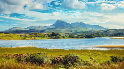 Beautiful landscape of Connemara region with Lough Nafooey in the background Scenic Irish countryside landscape with magnificent mountains on the horizon County Galway Ireland : Generative AI