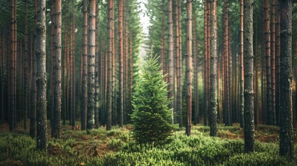 Fototapeta premium Pine forest consisting of multiple pine tree trunks with a lone fir tree standing in the middle