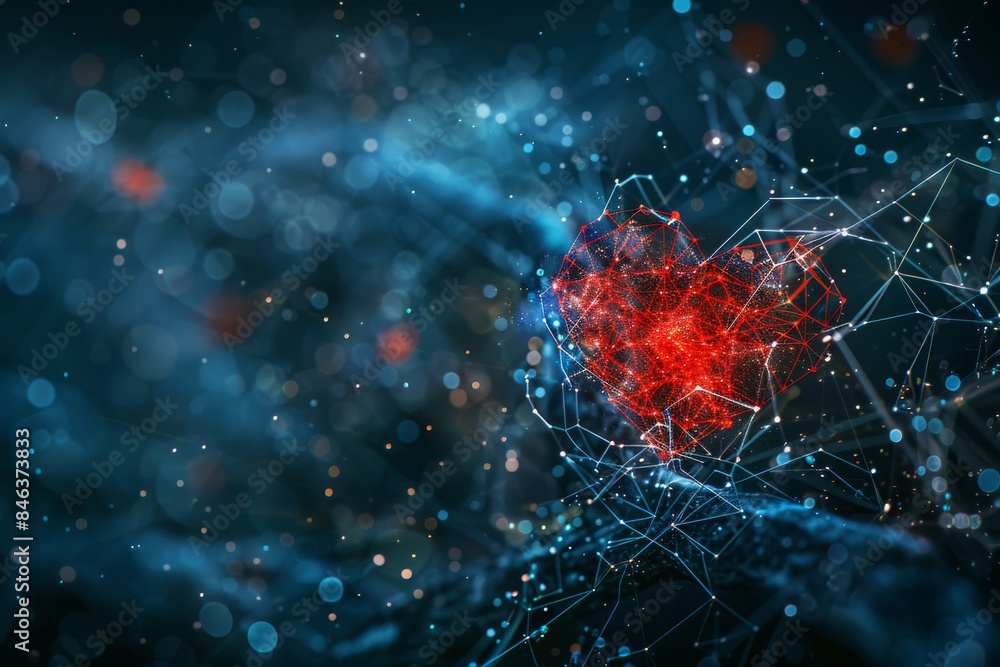 Poster digital heart made of red particles in a dark background representing network connections