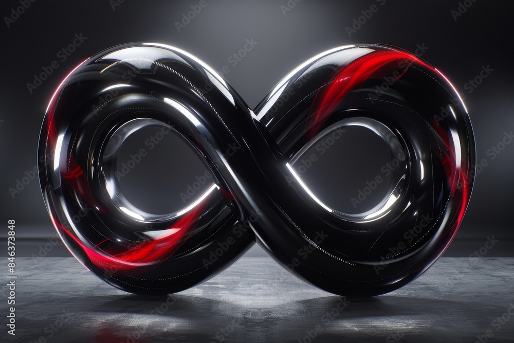 Poster infinity symbol merging with heart shape in glossy black and red with reflective background