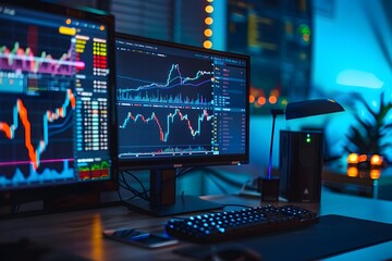 Colorful Trading Data Analytics Dashboard on Computer Screen in Nighttime Office