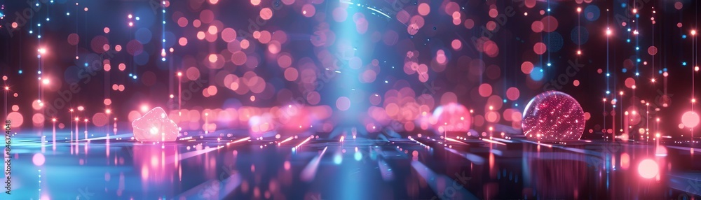 Poster a virtual reality landscape with neon lights and abstract shapes that hint at a tech future a sense 
