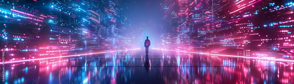 Poster a virtual reality landscape with neon lights and abstract shapes that hint at a tech future a sense 