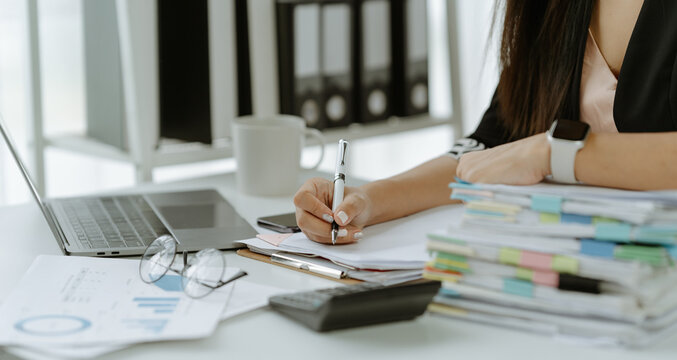 Business Documents, Auditor businesswoman checking searching document legal prepare paperwork or report for analysis TAX time,accountant