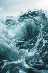 A large wave is crashing into the shore, with foam and spray everywhere