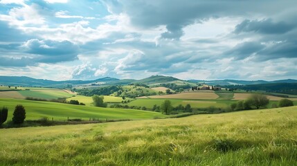 Obraz premium spring green field landscape in beautiful countryside with green and yellow grass rural hills and amazing cloudy sky on background Agriculture landscape with rural view : Generative AI