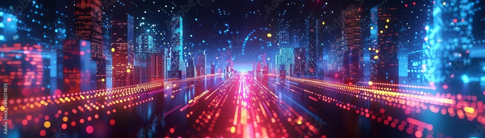 Poster a virtual reality landscape with neon lights and abstract shapes that hint at a tech future a sense 