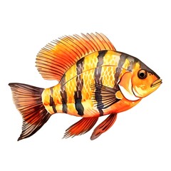 Fototapeta premium Vibrant Watercolor of Striped Tropical Oscar Fish on White Background