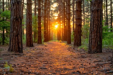 Fototapeta premium Serene forest path illuminated by the warm glow of sunset, surrounded by tall pine trees and lush greenery.
