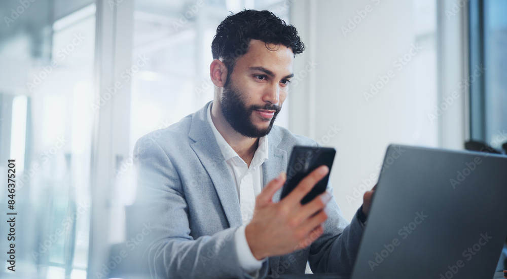 Poster office, phone and business man on laptop for online networking, website and internet at desk. corpor