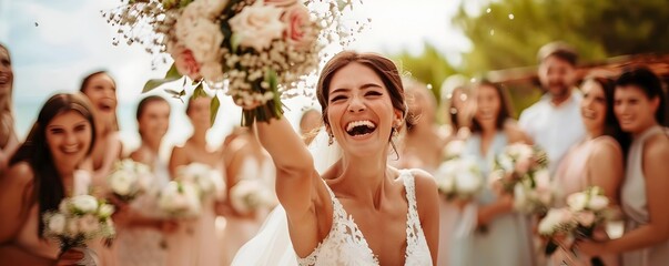 Joyous Bride Tossing Wedding Bouquet to Excited Single Ladies