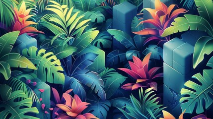 Isometric jungle image, with creativity and flow of ideas, dreamy summer color palette, aesthetic, minimalist design. Generative AI.