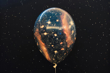 A single, large balloon with a galaxy print, depicting stars and nebulae, floating against a solid black background.