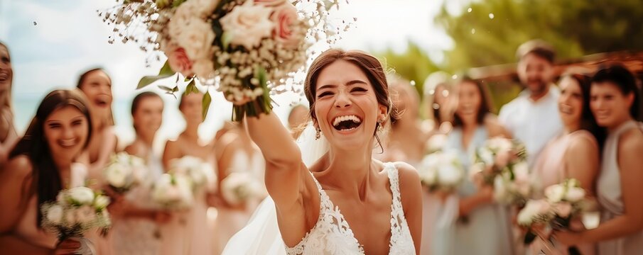 Joyous Bride Tossing Wedding Bouquet to Excited Single Ladies