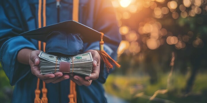 A graduate in a cap and gown holds a stack of cash, symbolizing scholarship, tuition support, or student loan aid. The image is set outdoors in a warm, glowing environment.