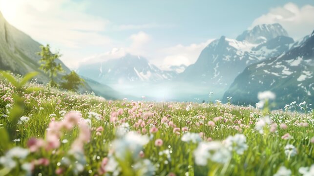 Idyllic mountain landscape in the Alps with blooming meadows in springtime : Generative AI