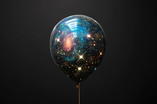 A single, large balloon with a galaxy print, depicting stars and nebulae, floating against a solid black background.