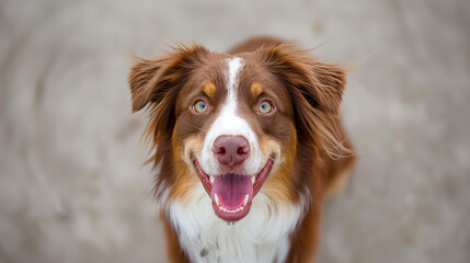 Head shot of an Attentive border collie dog sitting, looking away, isolated on white Background. Headshot of a maltese/poodle mix puppy on a gray backdrop. Close-up of australian shepherd against gray
