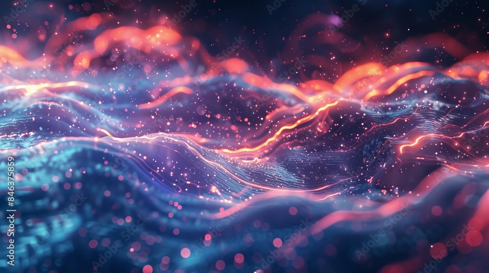 Poster dynamic tech theme with glowing light trails and particles