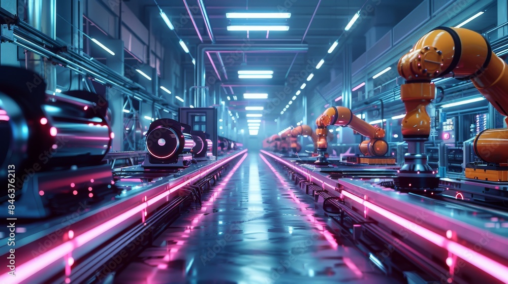 Fototapete Smart factory with fully automated robot assembly, Cold light, Modern Future, High resolution, Neon light. Generative AI.