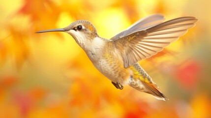 Fototapeta premium A hummingbird in flight, wings spread, head tilted, against a blurred backdrop of yellow and red leaves