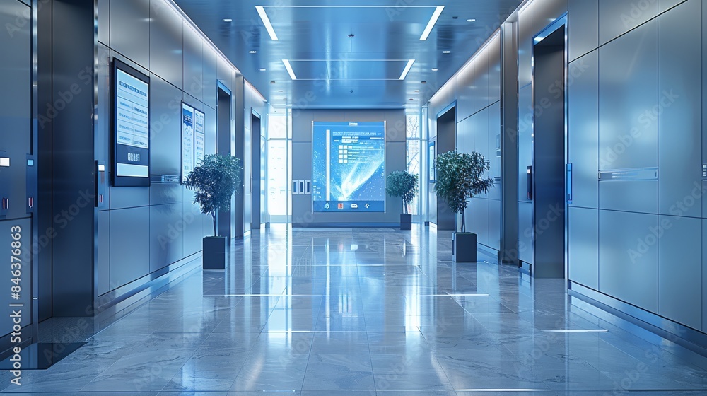 Poster high-rise office building with digital signage and contactless entry system. generative ai.