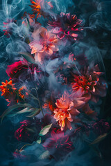 
Abstract floral composition with colorful flowers and smoke, dahlias, chrysanthemums and roses in vibrant colors on dark background