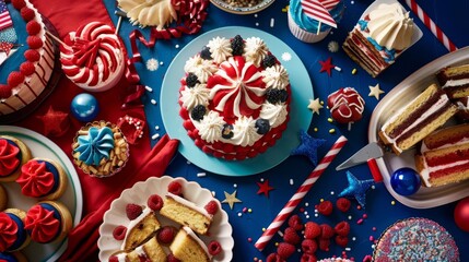 Fototapeta premium A wide-angle shot of an Independence Day cake surrounded by an array of themed desserts and festive treats with a bright and celebratory feel