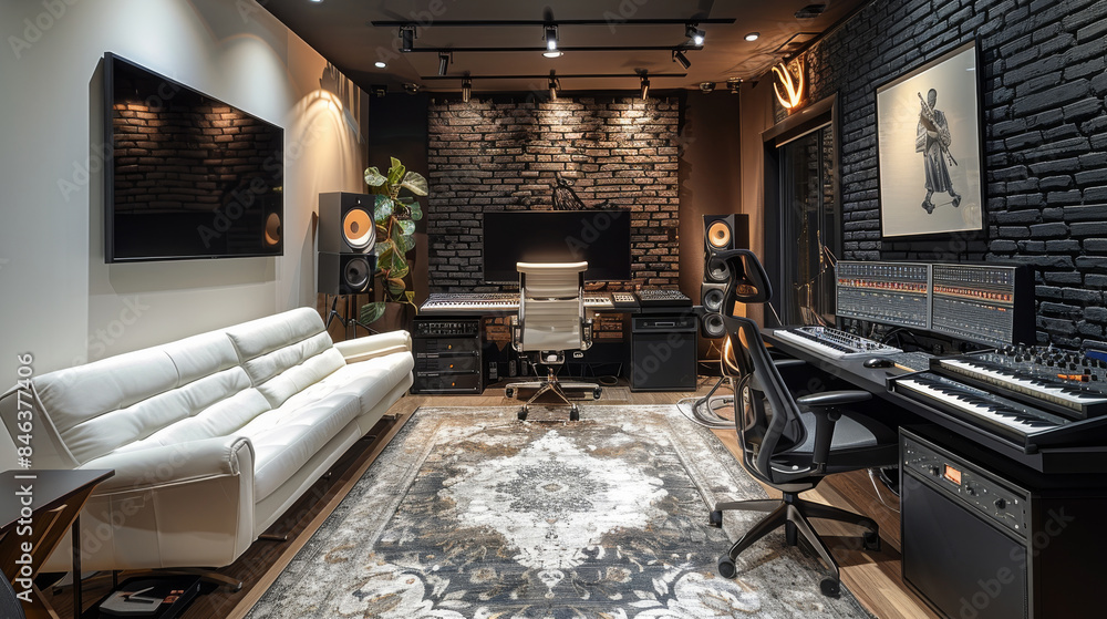 Leinwandbilder the interior design of a home music studio, with black brick walls. in the forefront, there is a lar