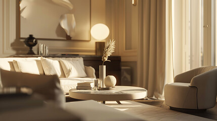 A sophisticated modern living room with elegant furnishings and a neutral color scheme, captured in high-definition