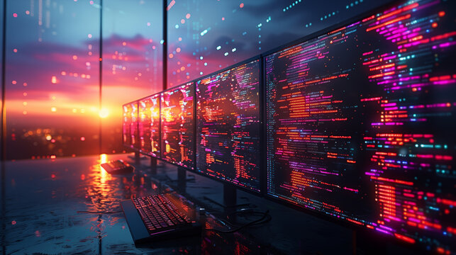 Multiple screens displaying colorful code in a modern office during sunset. Concept of coding, technology, and future.
