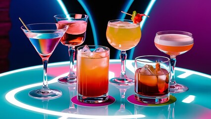 Glasses of cocktails on bright background