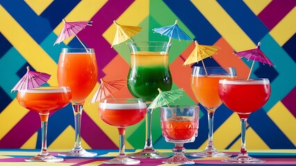 Glasses of cocktails on bright background