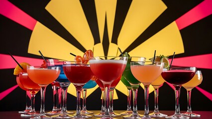 Glasses of cocktails on bright background